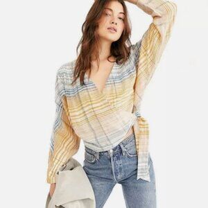 Free people Maldives Striped Wrap Printed Long Sleeve V Neck Blouse Top